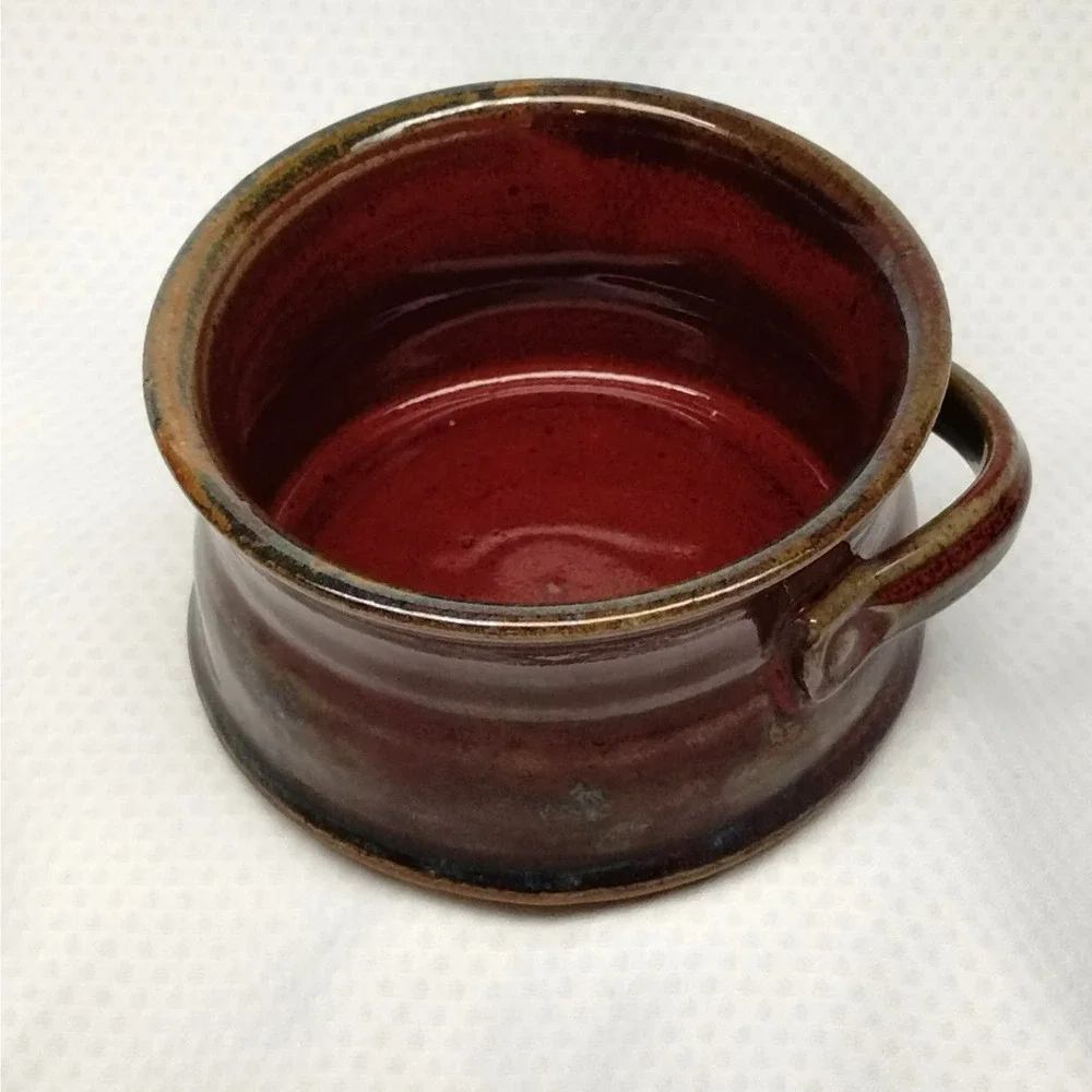 Donn Zver Studio Pottery Crock Bowl Red Glaze Lug Handles 4-Inch Troy Ontario
